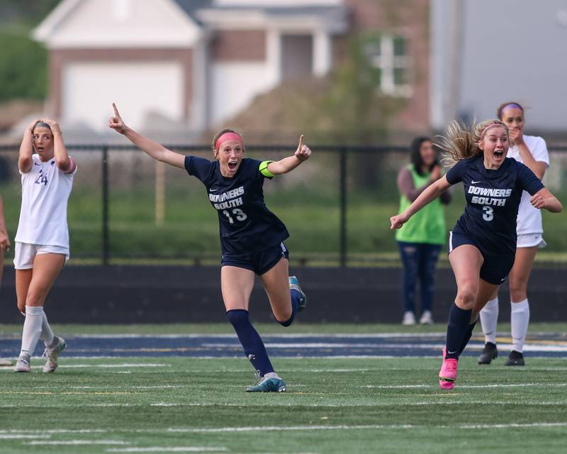 Downers Grove South's Emily Petring (13) races down the pitch after her game tying goal Class 3A Addison Trail Regional final soccer match between Downers Grove South at Downers Grove North.  May 19, 2023.