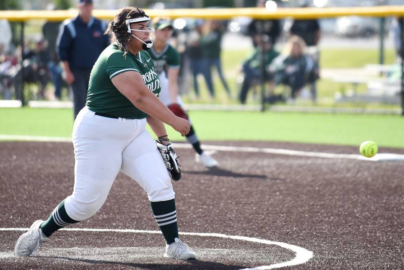 Bishop McNamara's Victoria Torres throws a pitch during the Class 2A Coal City Regional championship against Coal City Friday, May 23, 2025.