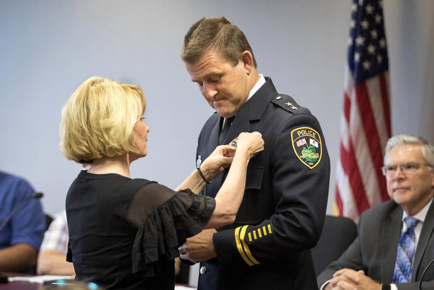Shaw Local 2017 file photo – Sycamore Police Chief Jim Winters is pinned during his promotion ceremony. He was promoted to chief in late 2017 after his predecessor former Chief Glenn Theriault resigned. Theriault’s resignation came two months after an incident where an Elgin police officer, who Theriault knew, was arrested on suspicion of driving under the influence and then released without charges after Theriault was alerted.