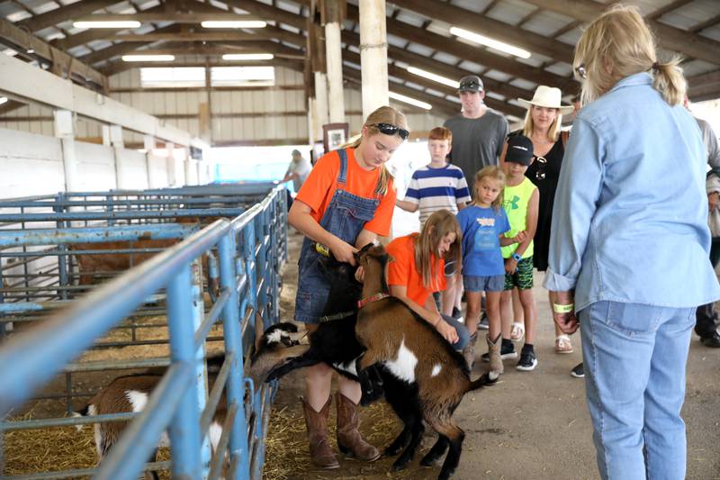 Samantha Marwedel, 14, (left) of Wheaton feeds two of her baby goats during the DuPage County Fair in Wheaton on Friday, July 29, 2022.