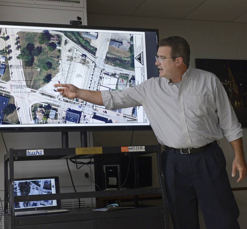 Utica Village Engineer Kevin Heitz discusses some of the features of the Market on Mill, Utica's proposed outdoor retail plaza, during a meeting of the Utica Village Board on Wednesday, Nov. 15, 2023.