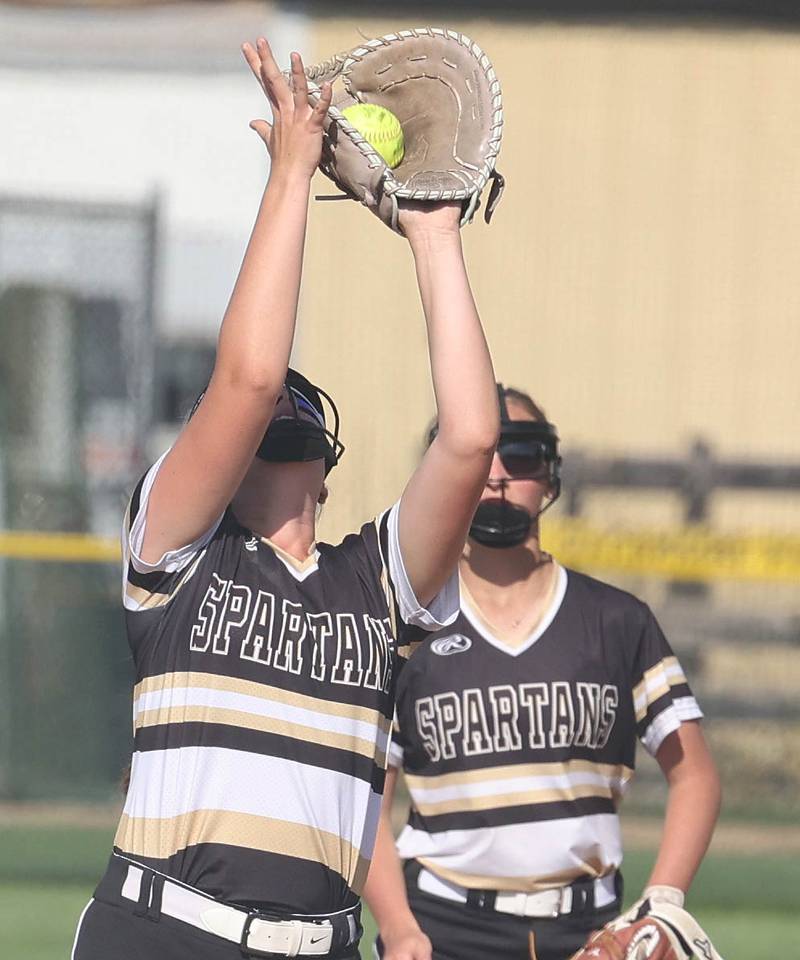 Sycamore's Kaitlyn Williams catches a popup during their game against Morris Wednesday, May 10, 2023, at Sycamore High School.