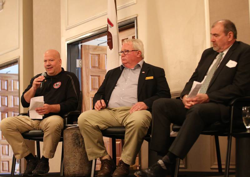 (From left) La Salle mayor Jeff Grove, Ottawa mayor Dan Aussem and Princeton mayor Joel Quiram speak during the State of the Cities Luncheon hosted by the Illinois Valley Chamber of Commerce on Thursday, March 16, 2023 at Grand Bear Lodge in Utica.