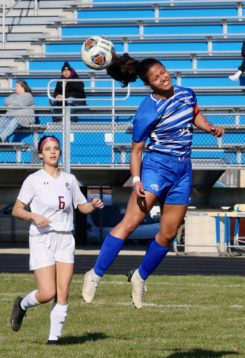 Mariah Hobson takes a header against IVC Tuesday at Bryant Field. She scored five goals to lead Princeton to a 7-0 win.