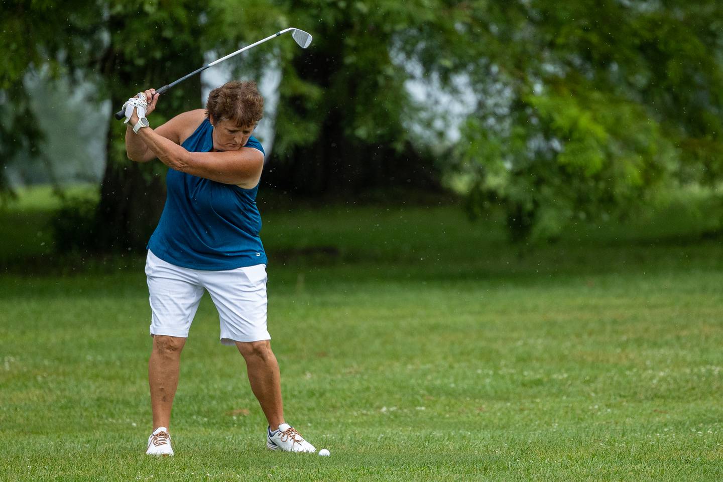 Cheri Russell of Morris CC hits on fairway on Saturday, August 10, 2025 at the annual Illinois Valley Women's Golf Tournament at Edgewood Golf Club in McNabb.