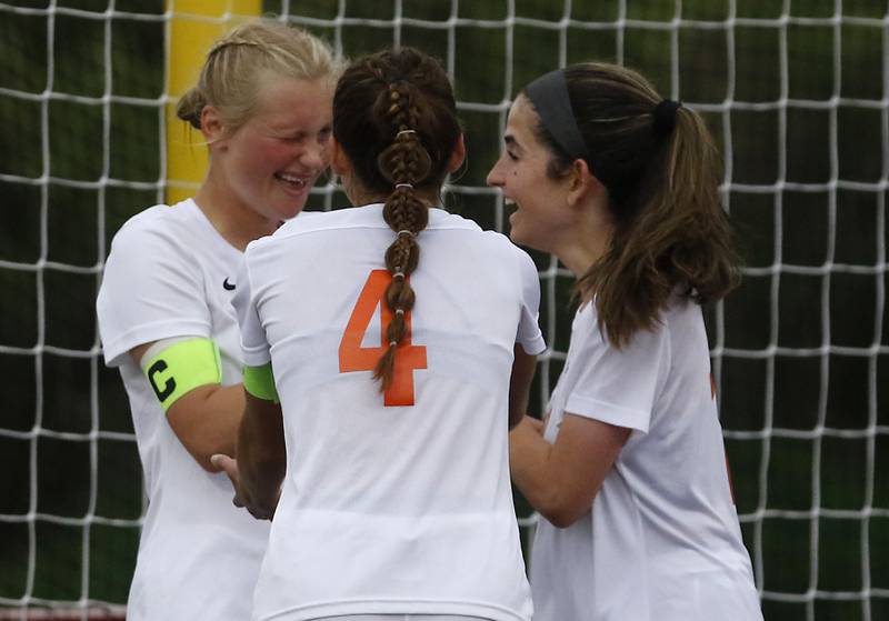 Crystal Lake Central's Elizabeth Gray, (left) Hadley Ferrero, (center) and Kira Stavropoulos (right) celebrates Gray goal during the IHS Class 2A Deerfield Sectional championship girls soccer match against St. Viator on Friday, May 30, 2025, at Deerfield High School.