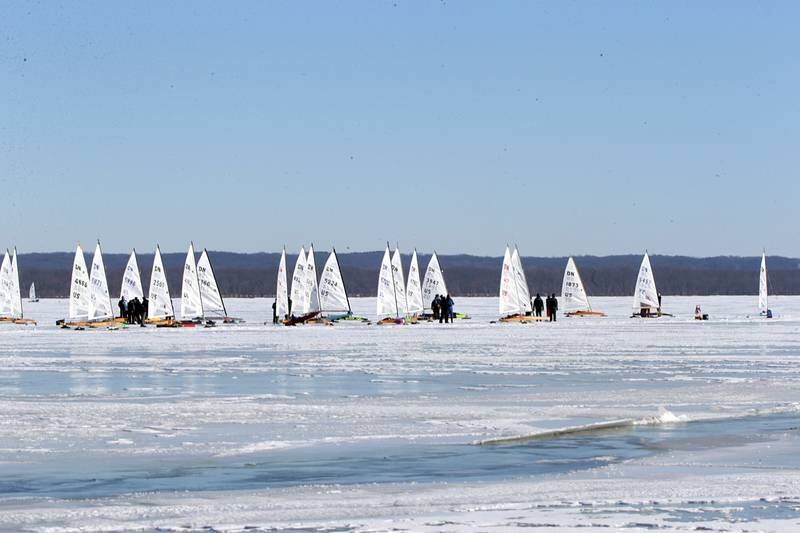 About 75 ice boats Ice boats prepare to race during the 2022 US National DN Ice Boat racing on Senachwine Lake on Thursday Jan. 26, 2022 near Putnam.