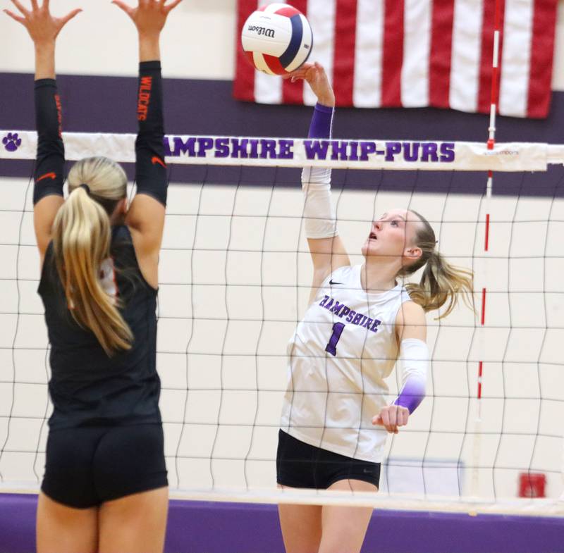 Hampshire’s Elizabeth King hits the ball against Libertyville in an IHSA volleyball Class 4A Sectional Championship at Hampshire High School in Hampshire on Thursday, November 6, 2025.