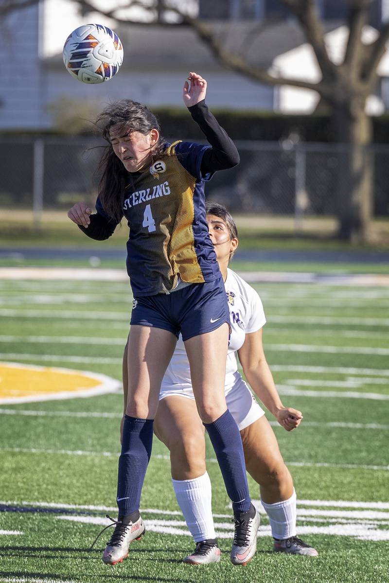 Sterling’s Kylie Todd heads the ball against Mendota Wednesday, April 8, 2026.
