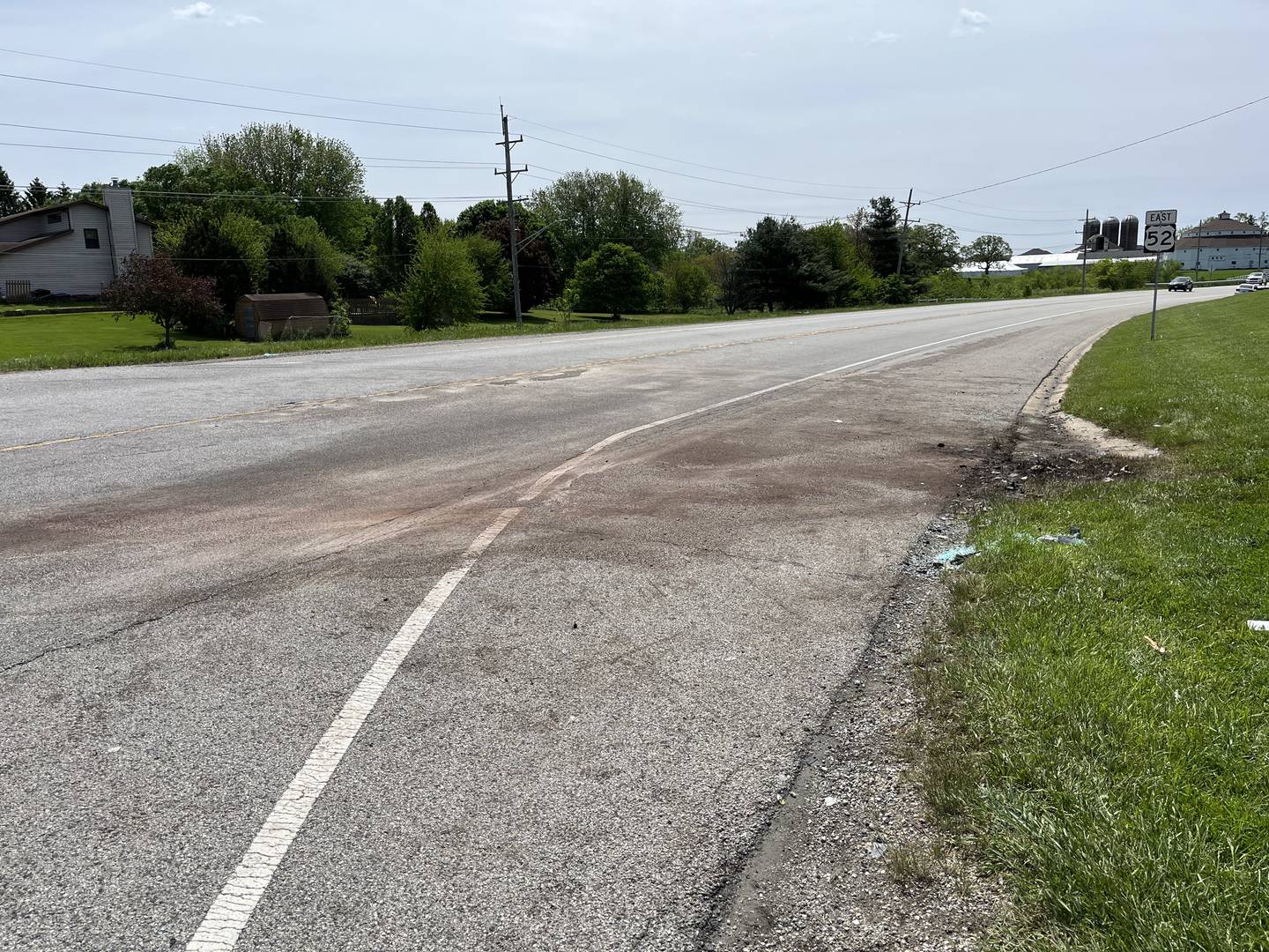 The intersection of Route 52 and Baker Road in Manhattan Township, seen on Sunday, May 22, 2022. Dark marks were still visible on the roadway where a crash occurred on Saturday, May 21, 2022, that left three people dead.