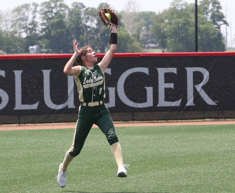 St. Bede's Lily Bosnich makes the final catch in the Class 1A State championship against Illini Bluffs on Saturday, June 3, 2023 at the Louisville Slugger Sports Complex in Peoria.
