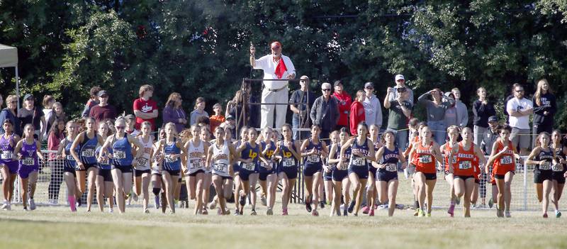 The start of the girls varsity race at the Lake Park 'Harvey Braus' Invite Saturday September 9, 2023 in Medinah.