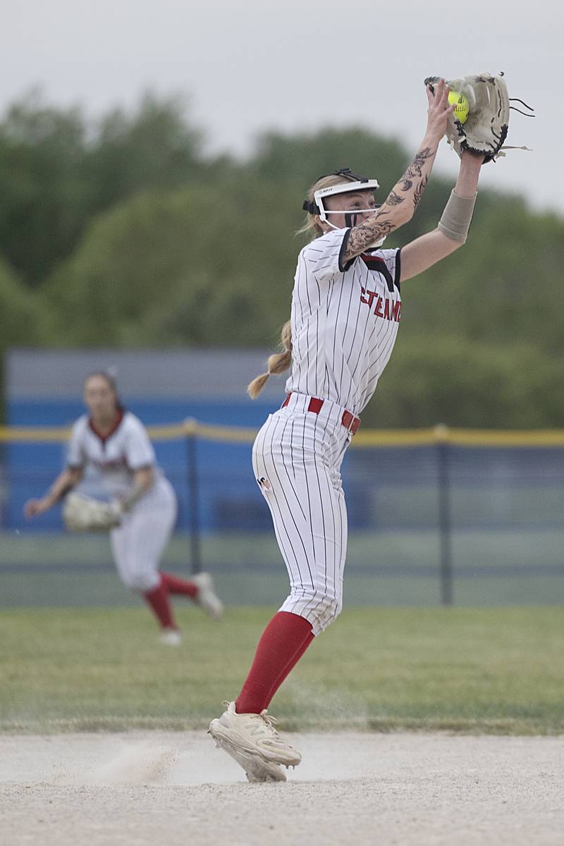 Fulton’s Brooklyn Vogel snags a liner and turns it into a double play to win the game against Morrison Friday, May 22, 2026, at the Class 1A softball regional at Newman High School.