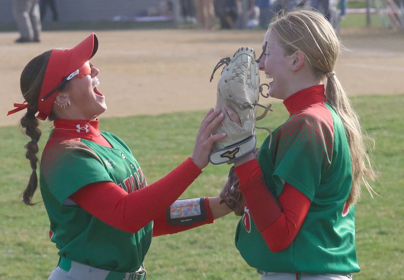 L-P's Karmen Piano and teammate Maggie Boudreau react affter Boudreau made a catch in the outfield on Tuesday, March 24, 2026 at Little Sibera Field in Princeton.