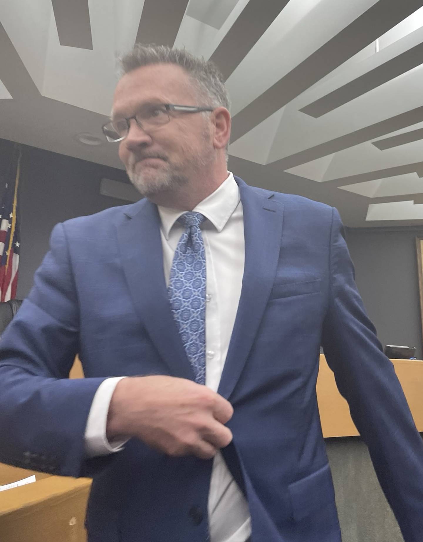 Incoming La Salle County Judge Mark Anderson stands down amid applause from the La Salle County Board on Thursday, July 10, 2025. Anderson bade goodbye to the board members he'd served the past 12 years. He will be sworn in as judge July 16.