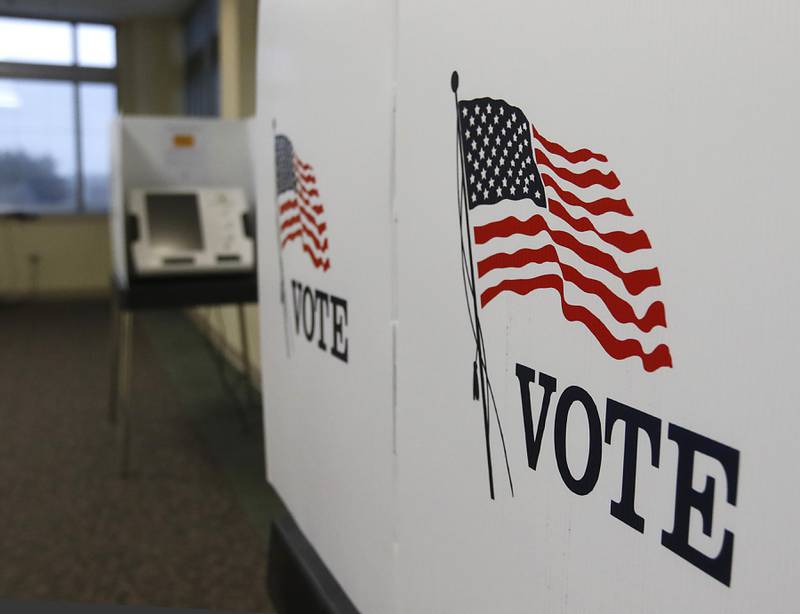 Voting machines are set up on Wednesday, Feb. 22, 2023, inside the McHenry County Administration Building in Woodstock. Early voting starts on Feb. 23 for the April 4 consolidated election.