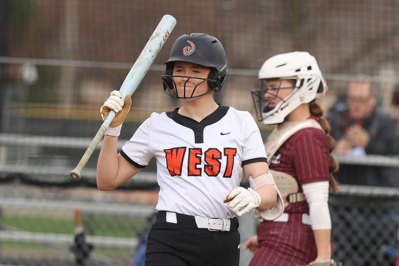 Lincoln-Way West’s Molly Finn shows her frustration after taking a strike against Lockport in the WJOL Softball Tournament championship game on Thursday, April 2, 2026 in Joliet.