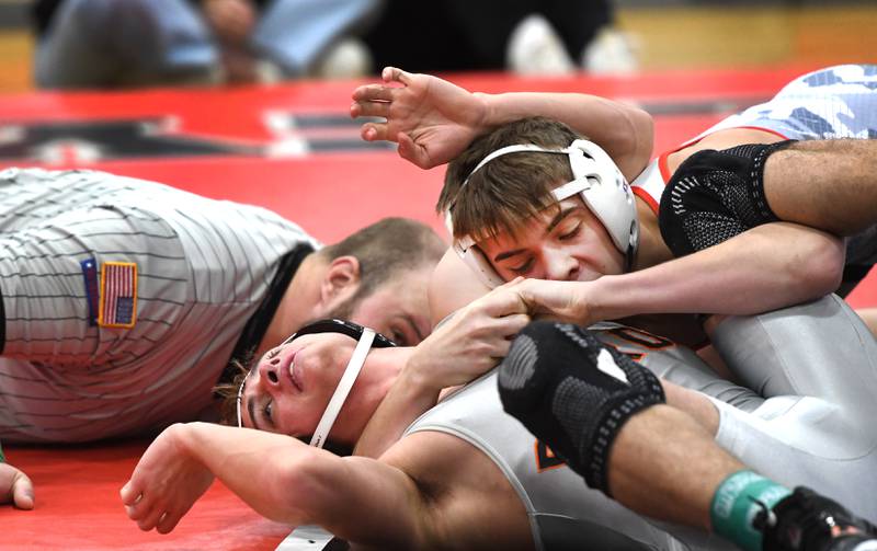 Oregon's Jack Benesh wraps up Byron's Hunter King in the 132-pound championship at the 1A Stillman Valley Regional on Saturday, Jan. 31, 2026.