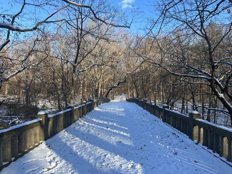 A view of the snowfall on the Lake Falls bridge over Matthiessen State Park on Monday, Nov. 27, 2023 near Oglesby.