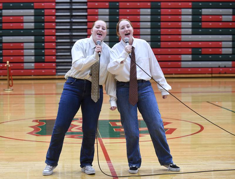 Lauren and Hannah Kolczaski sing the duet Man or Muffin from the Muppet Movie during the L-P High School Variety Show on Monday, Oct. 2, 2023 in Sellett Gymnasium.