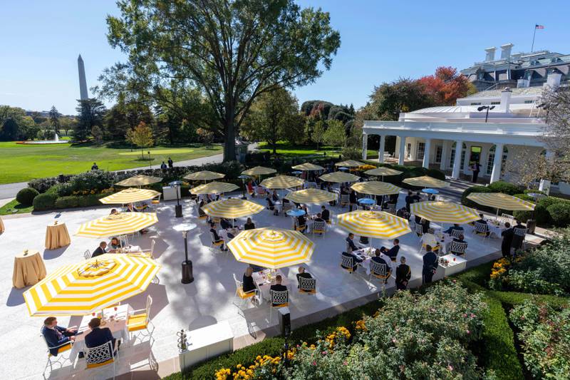President Donald Trump speaks during a lunch with Republican senators in the Rose Garden of the White House, Tuesday, Oct. 21, 2025, in Washington. (AP Photo/Manuel Balce Ceneta)