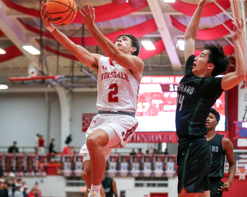 Hinsdale Central's Dillon Orozco (2) goes up for a lay up during their basketball game between Glenbard West at Hinsdale Central, Friday  Dec 6, 2024  in Hinsdale.