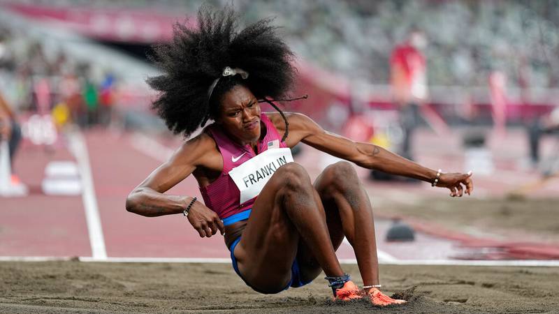 Tori Franklin, of United States, competes in the qualification rounds of the women's triple jump at the 2020 Summer Olympics, Friday, July 30, 2021, in Tokyo.