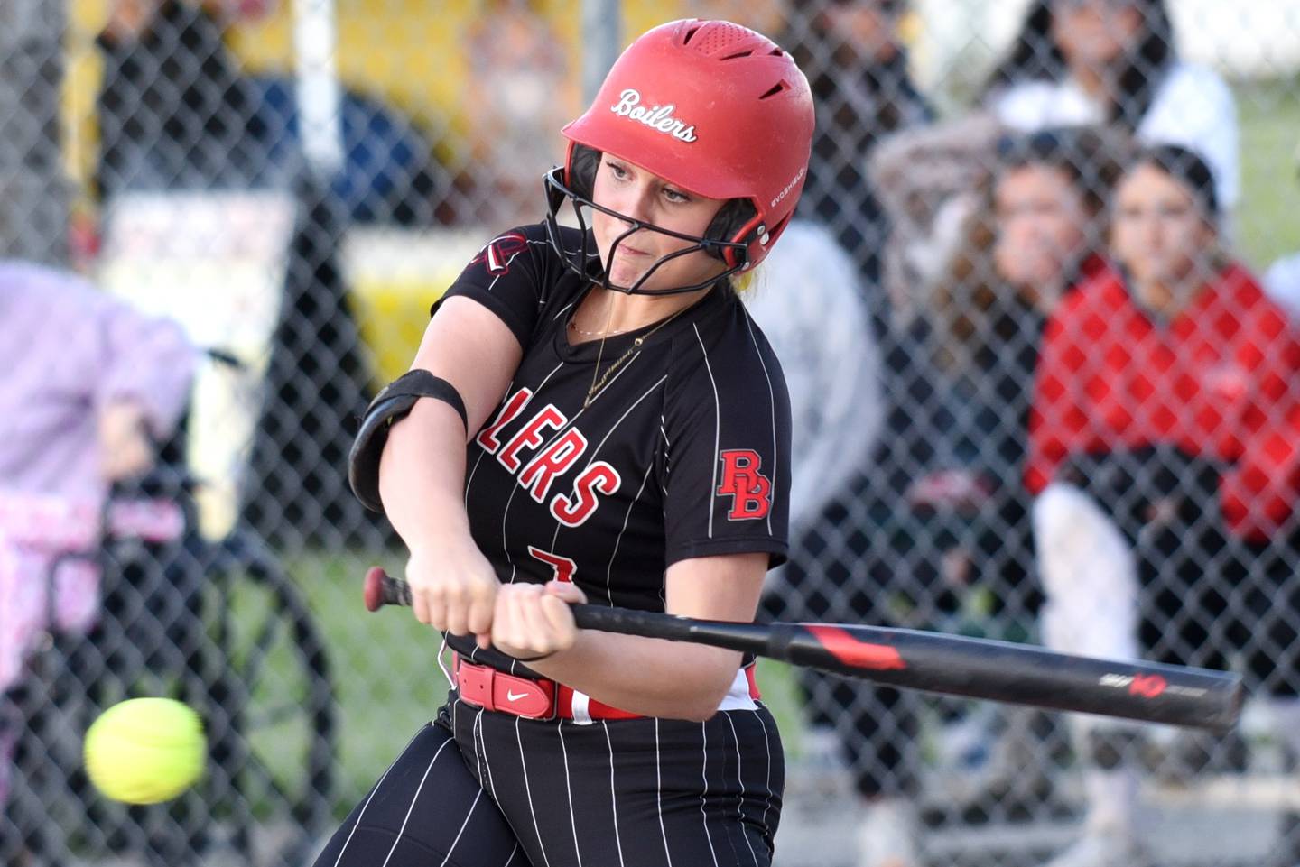 Bradley-Bourbonnais' Lydia Hammond swings at a pitch during a game at Bishop McNamara Thursday, May 7, 2026.