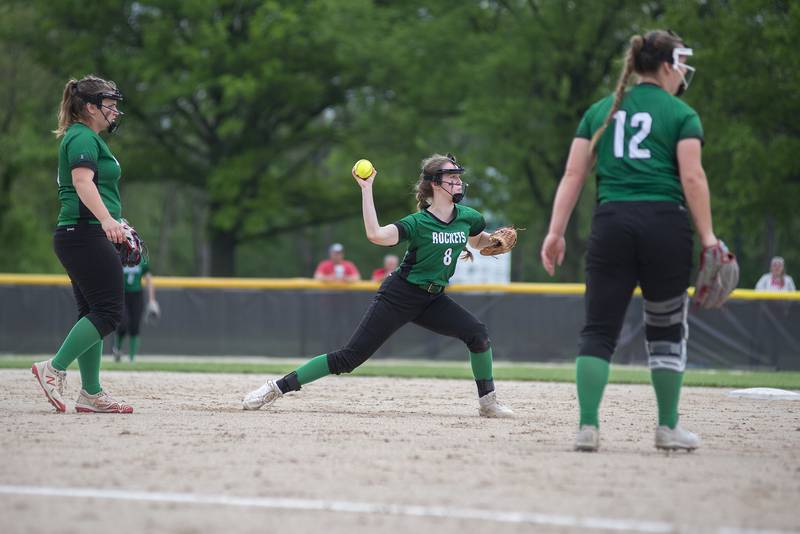 Rock Falls’ Rylee Johnson fires to first for an out against Oregon Friday, May 20, 2022.