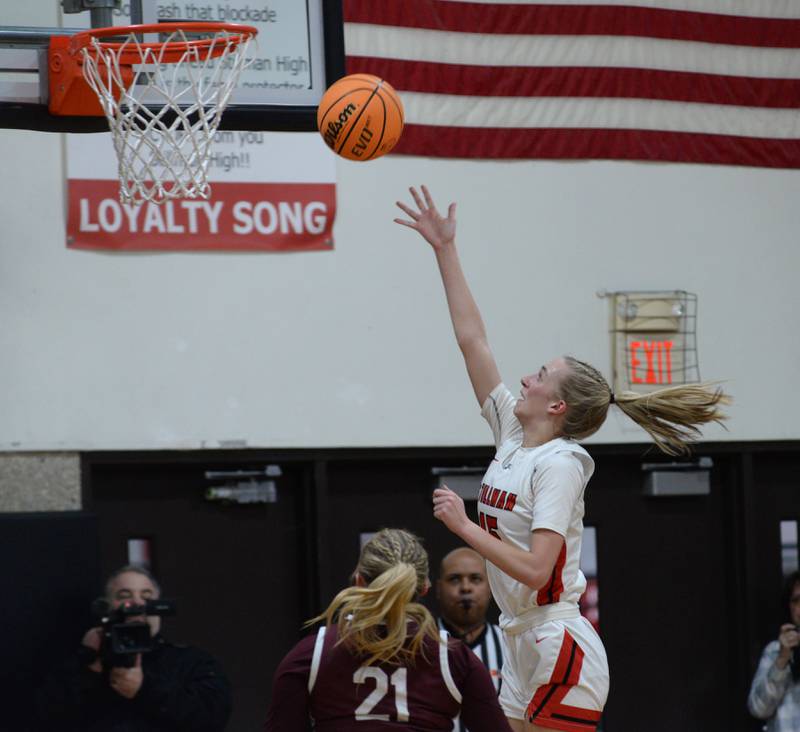 Stillman Valley's Taylor Davidson (15) makes a basket against Marengo during the 2A Stillman Valley Sectional on Monday, Feb. 17, 2025 at Stillman Valley High School. Davidson led all scorers with 22 in the Cardinals' 58-31 win.