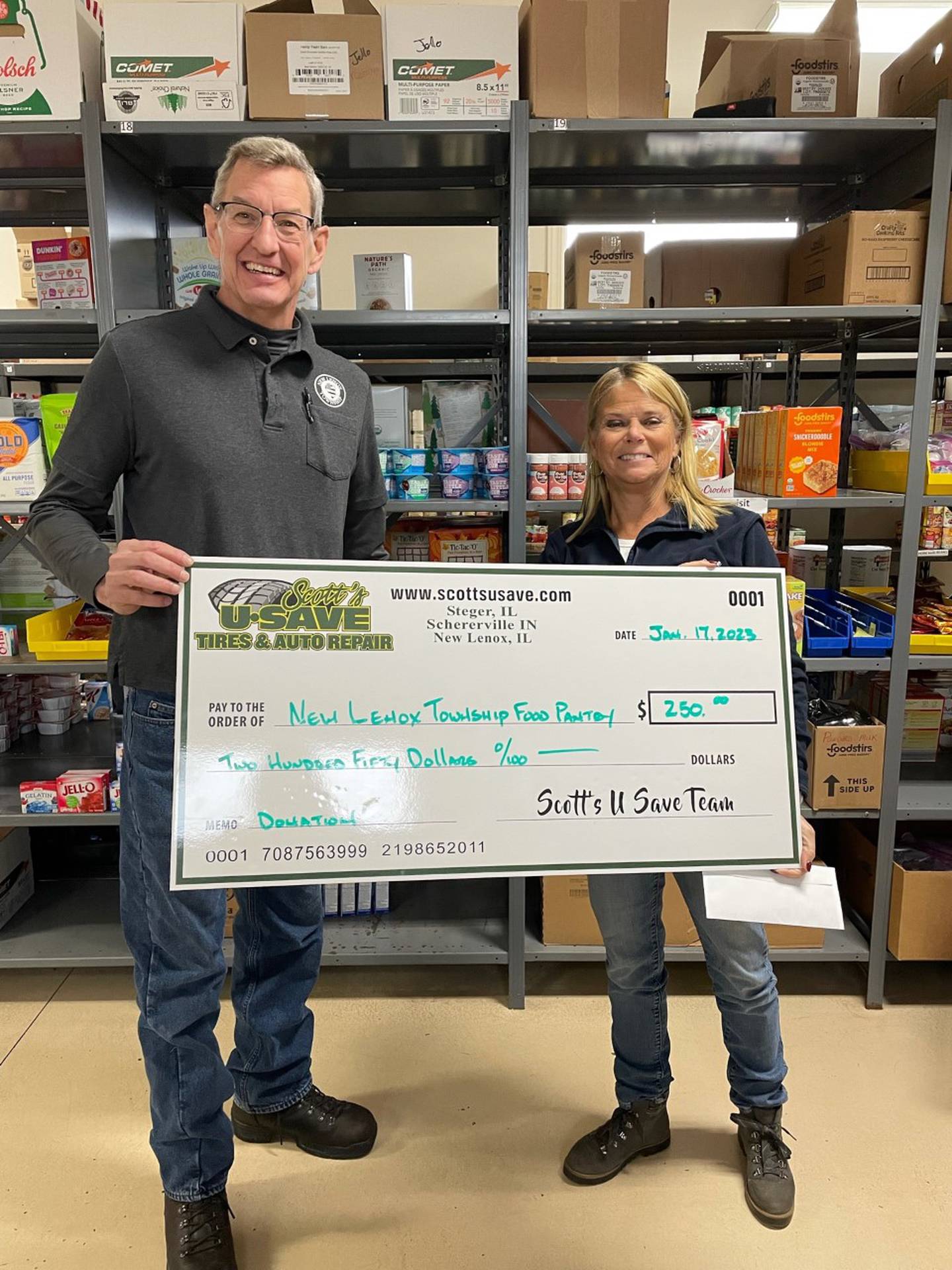 Scott’s U-Save Tires & Auto Repair donated $250 to the New Lenox Food Pantry as part of its holiday contest this year. Sheri Templin, owner of Scott’s U-Save Tires & Auto Repair, is on the right and Jim Pitcairn from the New Lenox Township Food Pantry, is on the left.