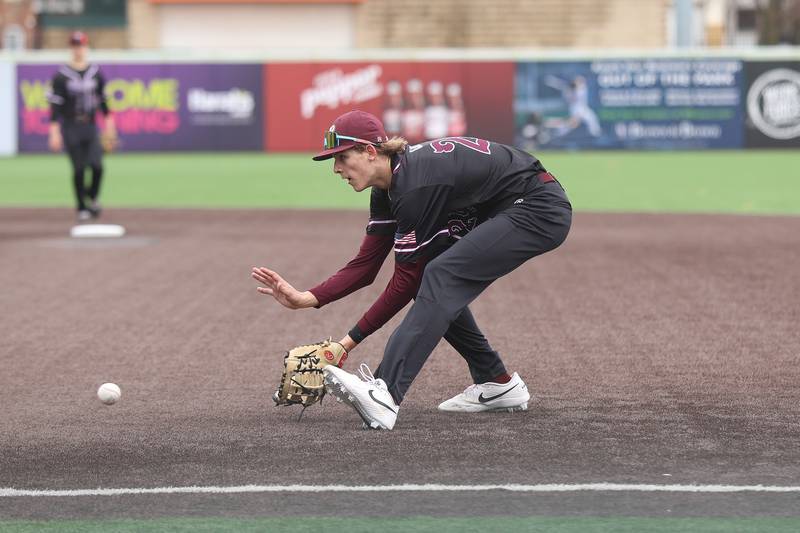 Lockport’s Kaden O’Leary fields the ground ball against Joliet West in the WJOL Don Ladas Memorial baseball tournament championship game on Saturday, April 4, 2026 in Joliet.
