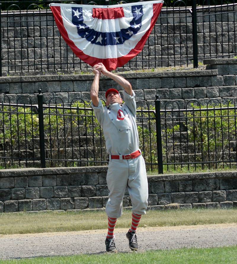 Oregon Ganymede Kevin Stafford catches a fly ball in left field at the World Tournament of Historic Base Ball held at the Henry Ford Museum's Greenfield Village on Saturday, Aug. 9, 2025.