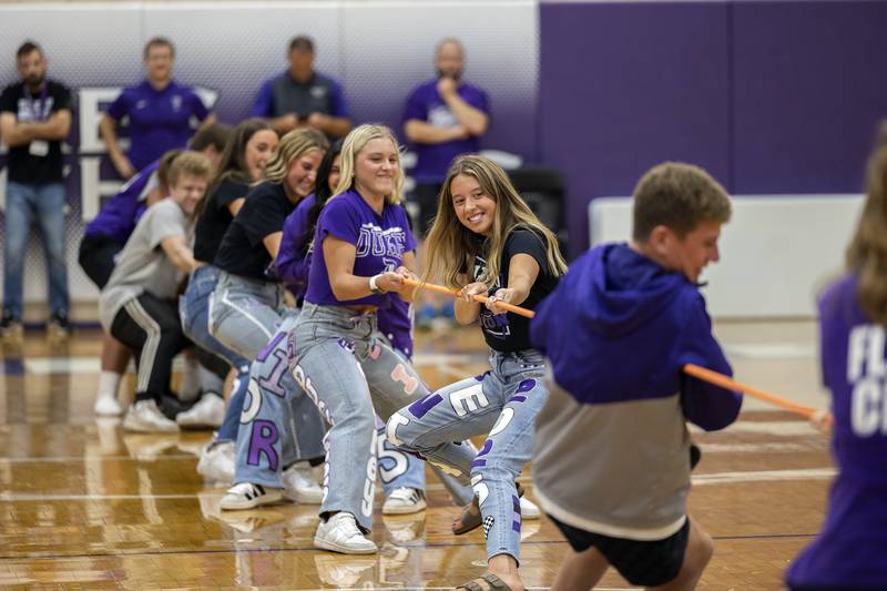 Seniors struggle against the freshmen squad in a tug-of-war battle Friday, Sept. 27, 2024, at Dixon High School’s pep rally.