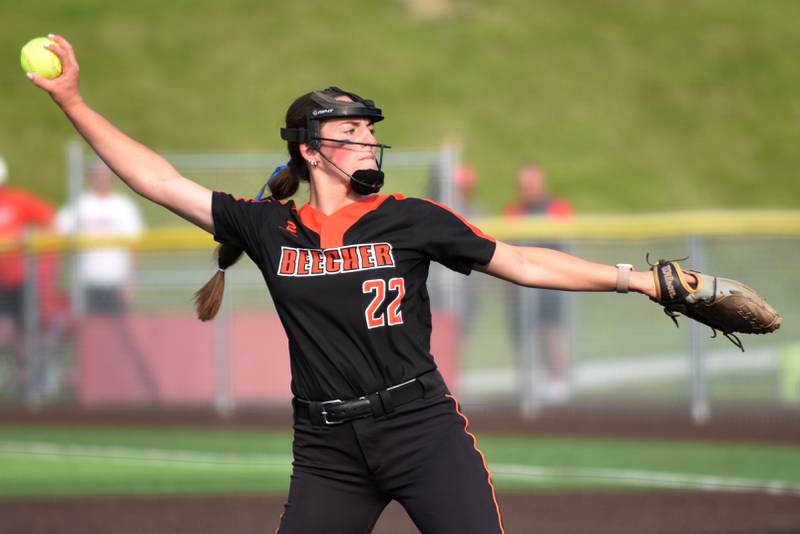 Beecher's Taylor Norkus throws a pitch during the Class 2A East Peoria Super-Sectional against Brimfield Monday, June 2, 2025.