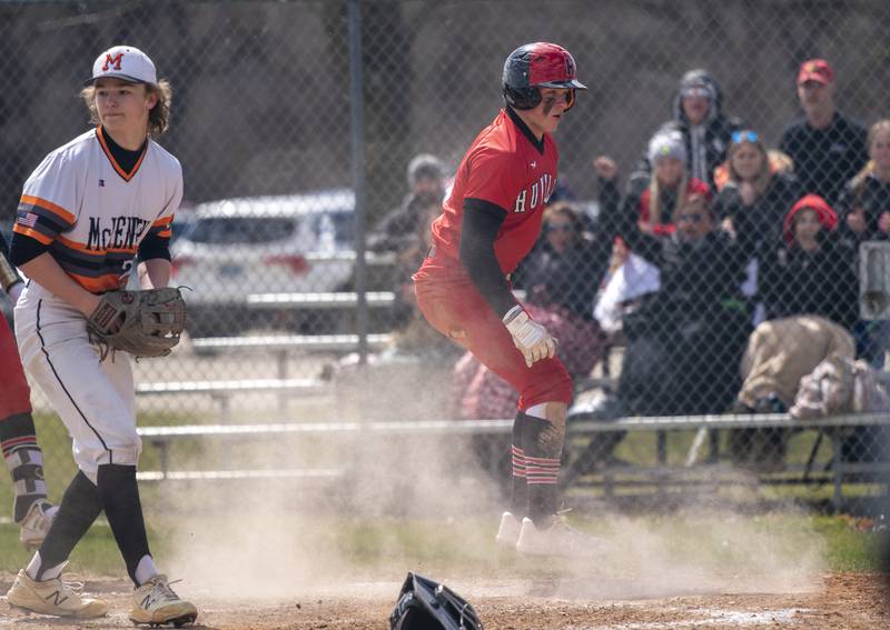 Huntley's Brayden Bakes scores a run against McHenry during their game on Saturday, April 9, 2022 at Petersen Park in McHenry. Huntley won 7-5. Ryan Rayburn for Shaw Local