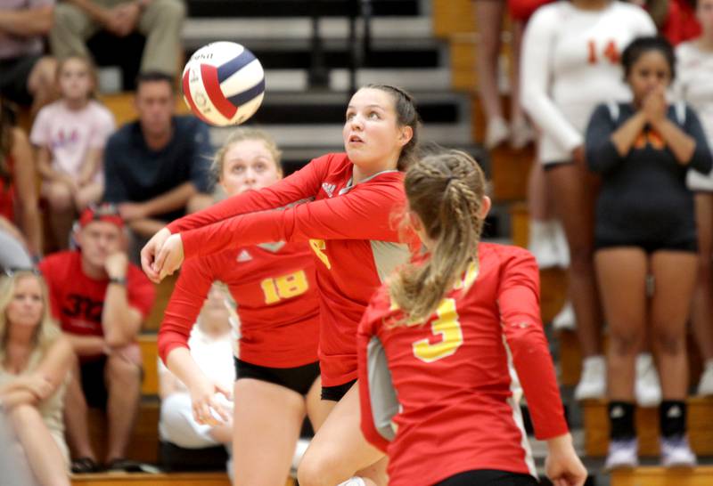 Batavia’s McKenna Bremner returns the ball during a home game against Neuqua Valley on Tuesday, Aug. 29, 2023.