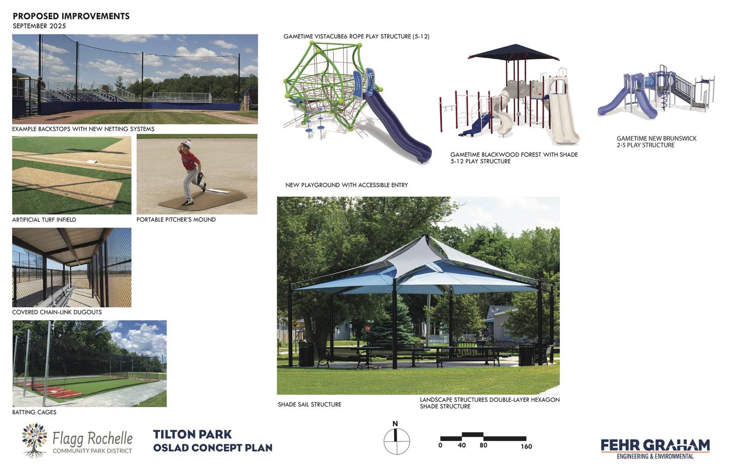Shown are examples of the Flagg-Rochelle Community Park District's concept plan items for potential Tilton Park improvements.