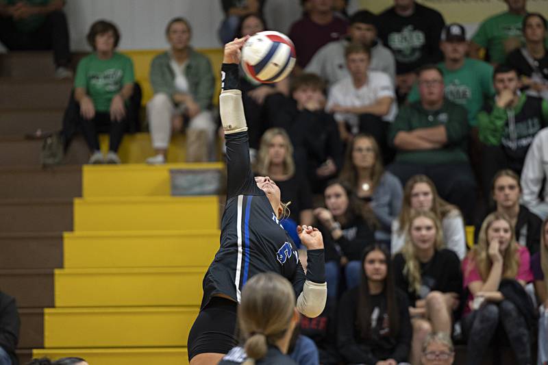 Newman’s Jess Johns hammers a shot against Rock Falls Thursday, Oct. 26, 2023 in the class 2A regional finals at Riverdale.