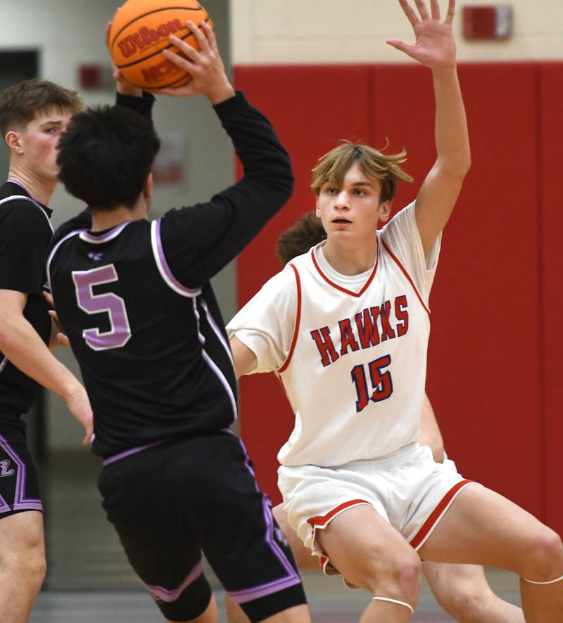Oregon's Brian Wallace defends Rockford Lutheran's Zach VanBlaricom (5) during a Big Northern Conference game on Friday, Feb. 6, 2026 at the Blackhawk Center.