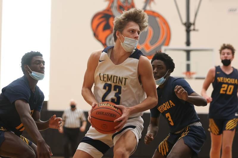Lemont’s Nojus Indrusaitis makes a move to the basket against Neuqua Valley in the Warrior Showdown shootout at Lincoln-Way West. Saturday, Jan. 29, 2022 in New Lenox.
