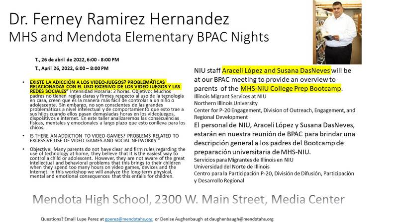 Ferney Ramirez Hernandez will be at Mendota High School on April 26 for Mendota High and Elementary schools Bilingual Parent Advisory Committee night.