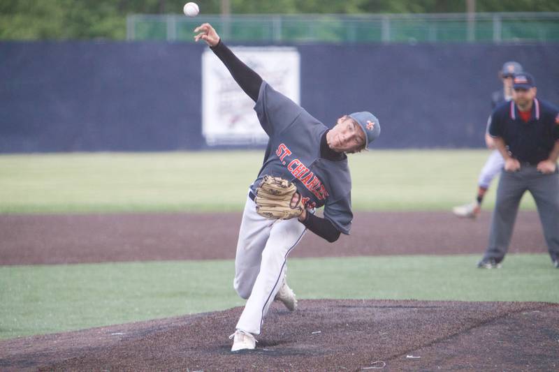 St Charles East's Caden Cotteleer delivers a pitch against York at the Class 4A Sectional Semi Final on Wednesday, May 31, 2023 in Elgin.