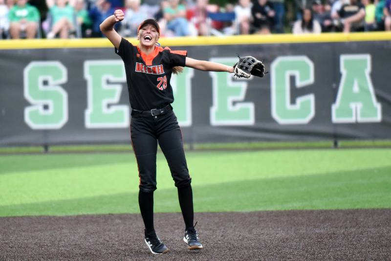 Beecher's Ava Olson celebrates a Bobcats out in the seventh inning of their Class 2A Seneca Sectional championship game agaisnt Seneca Friday, May 30, 2025.
