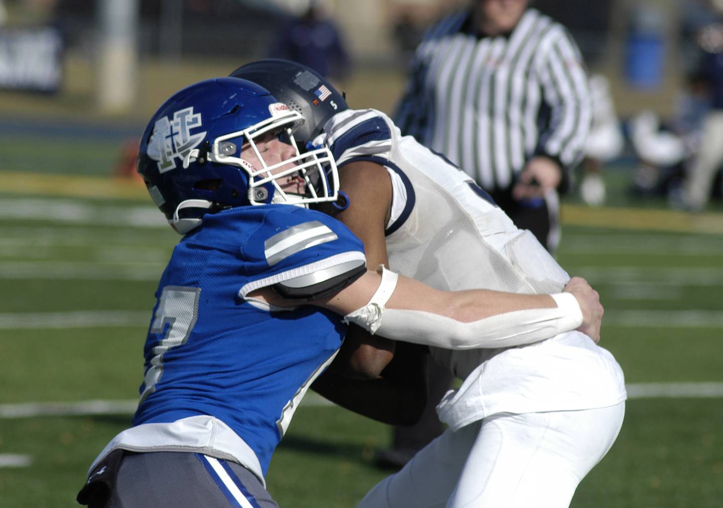 Newman player George Jungerman to take down Chicago Hope's Justin Houston. Newman defeated Chicago Hope 50-22 in Class 1A 1st round football at Sterling High School on Saturday, November 2, 2024.