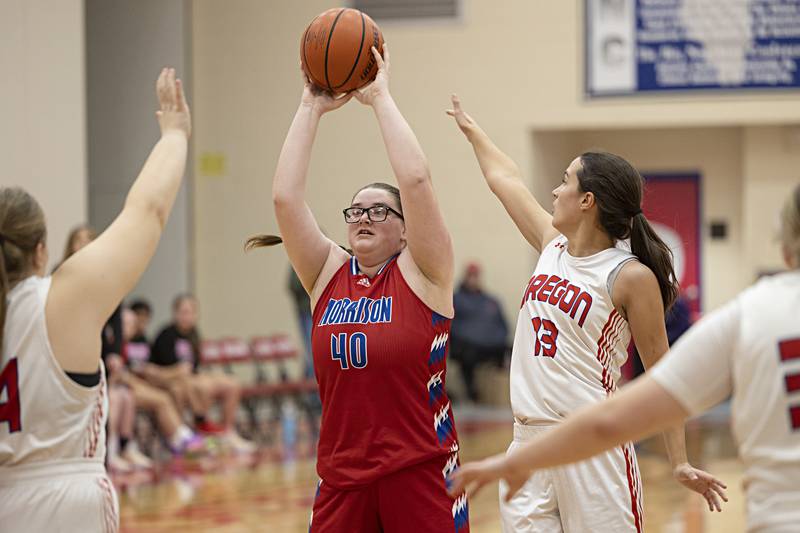 Morrison’s Sarah Weston looks to pass against Oregon Wednesday, Jan. 17, 2024 at Oregon High School.