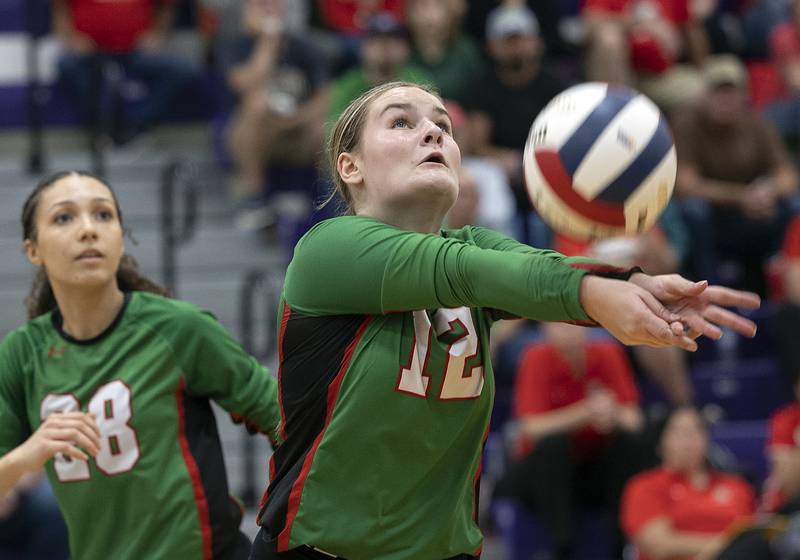 L-P’s Emma Jereb makes a pass against Dixon Tuesday, Oct. 29, 2024, at the class 3A regional semifinal in Dixon.