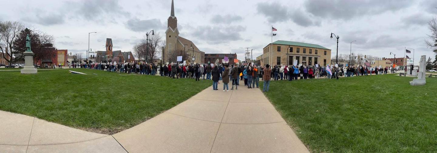 Over 100 people participate in a Hands Off rally at the Kankakee County Courthouse, hosted by Kankakee County Democrats and Indivisible Kankakee on Saturday, April 5, 2025, as part of a nationwide day of demonstrations.