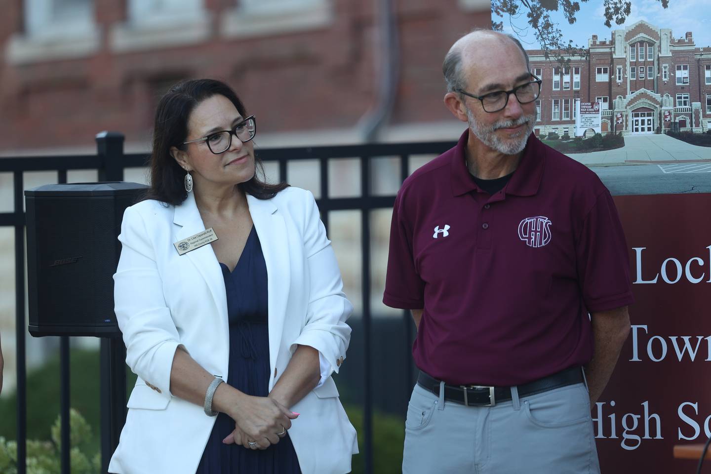 Will County Regional Superintendent Dr. Lisa Caparelli-Ruff and Lockport Superintendent Dr. Robert McBride attend the reopening celebration of the Lockport High School Central Campus on Friday, Aug. 16, 2024.