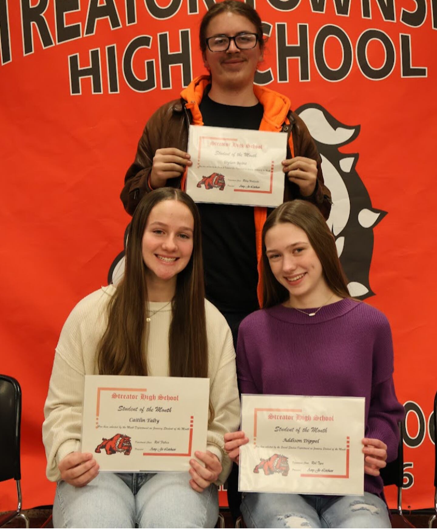 Streator High School students (front, from left) Caitlyn Talty and Addison Dippell and (back) Dylan Beins are honored Tuesday, Feb. 18, 2025, as January Students of the Month. Not pictured are Colin Byers, Melanie Moreno, Peyton Higginbotham, Isaiah Mann, Cole Winterrowd, Jacob Wang and Alejandra Duran.